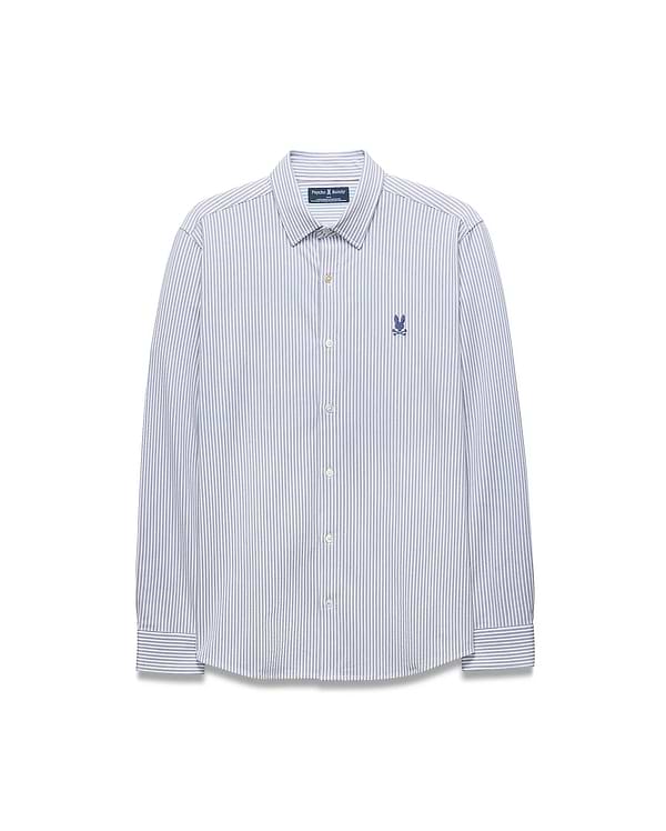 Mens Jim Stripe Jersey Knit L/S Shirt, a classic fit long-sleeve shirt with white and blue vertical stripes and a small embroidered blue Psycho Bunny skull logo on the left chest. (5)