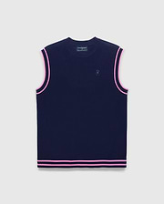 Mens Peter Knit Vest in navy with a classic fit, featuring a fine knit texture, double pink stripes on the armholes and hem, and a small embroidered Psycho Bunny skull logo on the left chest.