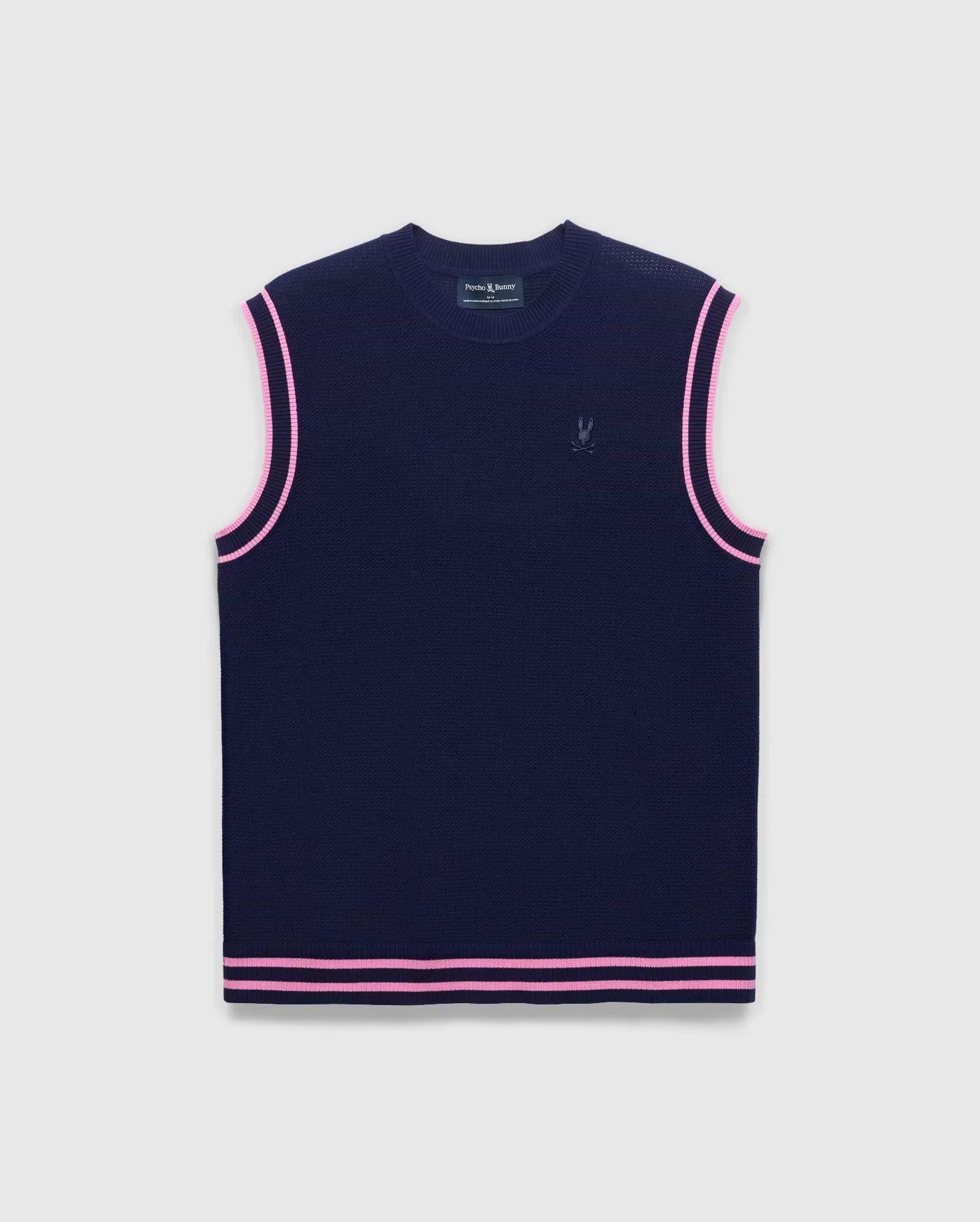Mens Peter Knit Vest in navy with a classic fit, featuring a fine knit texture, double pink stripes on the armholes and hem, and a small embroidered Psycho Bunny skull logo on the left chest.