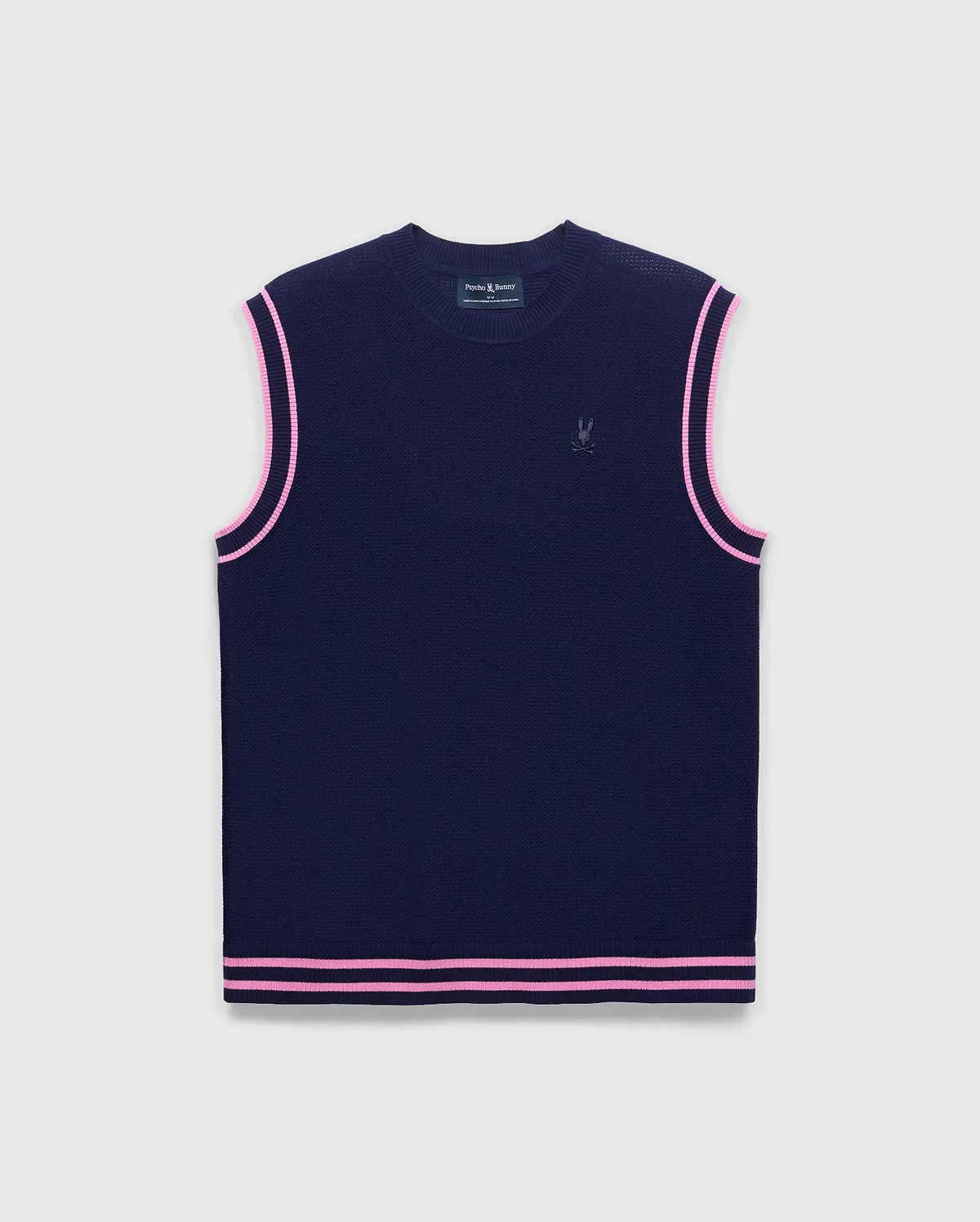 Mens Peter Knit Vest in navy with a classic fit, featuring a fine knit texture, double pink stripes on the armholes and hem, and a small embroidered Psycho Bunny skull logo on the left chest.
