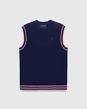 Mens Peter Knit Vest in navy with a classic fit, featuring a fine knit texture, double pink stripes on the armholes and hem, and a small embroidered Psycho Bunny skull logo on the left chest.