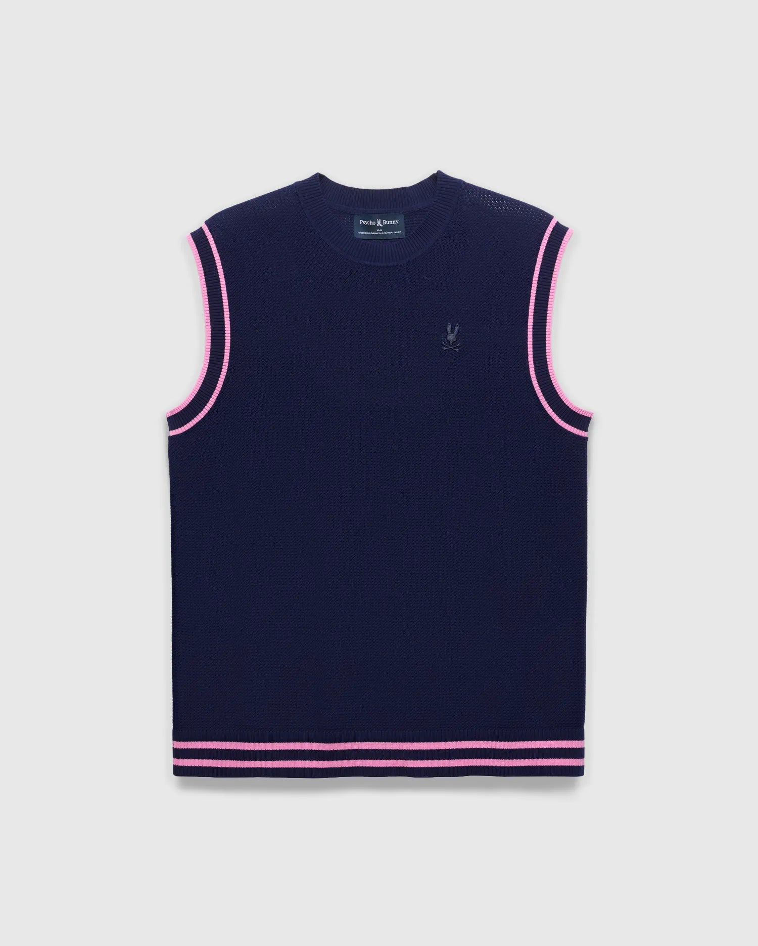 Mens Peter Knit Vest in navy with a classic fit, featuring a fine knit texture, double pink stripes on the armholes and hem, and a small embroidered Psycho Bunny skull logo on the left chest.
