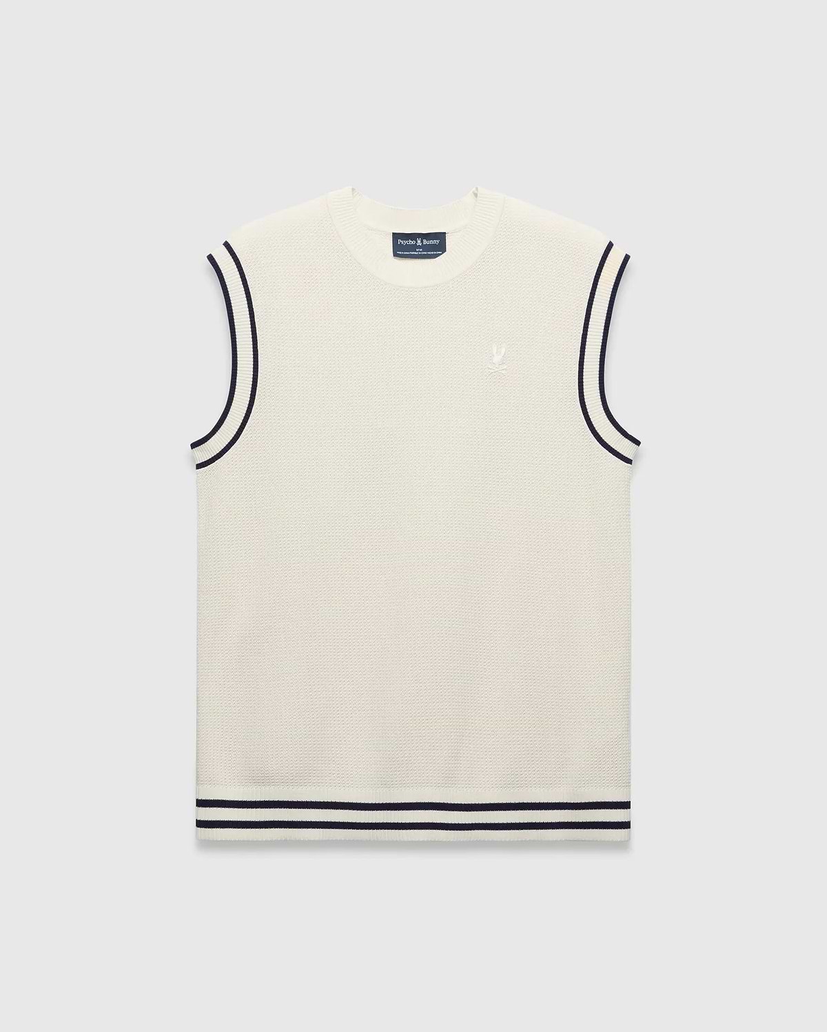 Cream Mens Peter Knit Vest with a fine knit texture, classic fit, navy striped trim on armholes and ribbed hem, featuring a small embroidered white Psycho Bunny skull logo on the left chest.