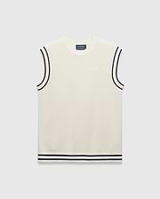 Cream Mens Peter Knit Vest with a fine knit texture, classic fit, navy striped trim on armholes and ribbed hem, featuring a small embroidered white Psycho Bunny skull logo on the left chest.
