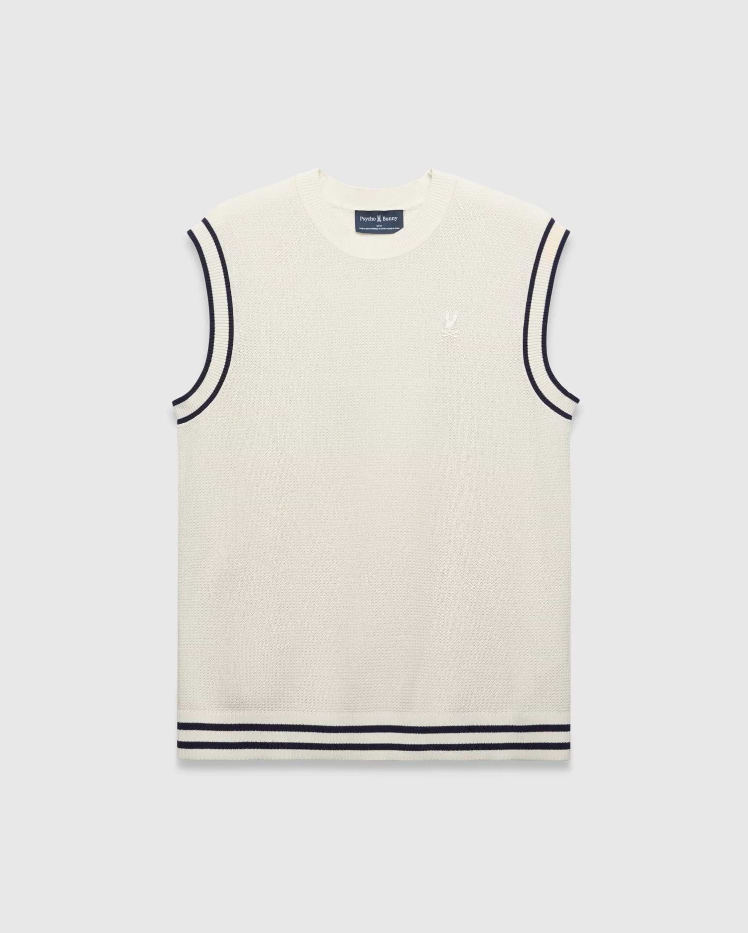 Cream Mens Peter Knit Vest with a fine knit texture, classic fit, navy striped trim on armholes and ribbed hem, featuring a small embroidered white Psycho Bunny skull logo on the left chest.