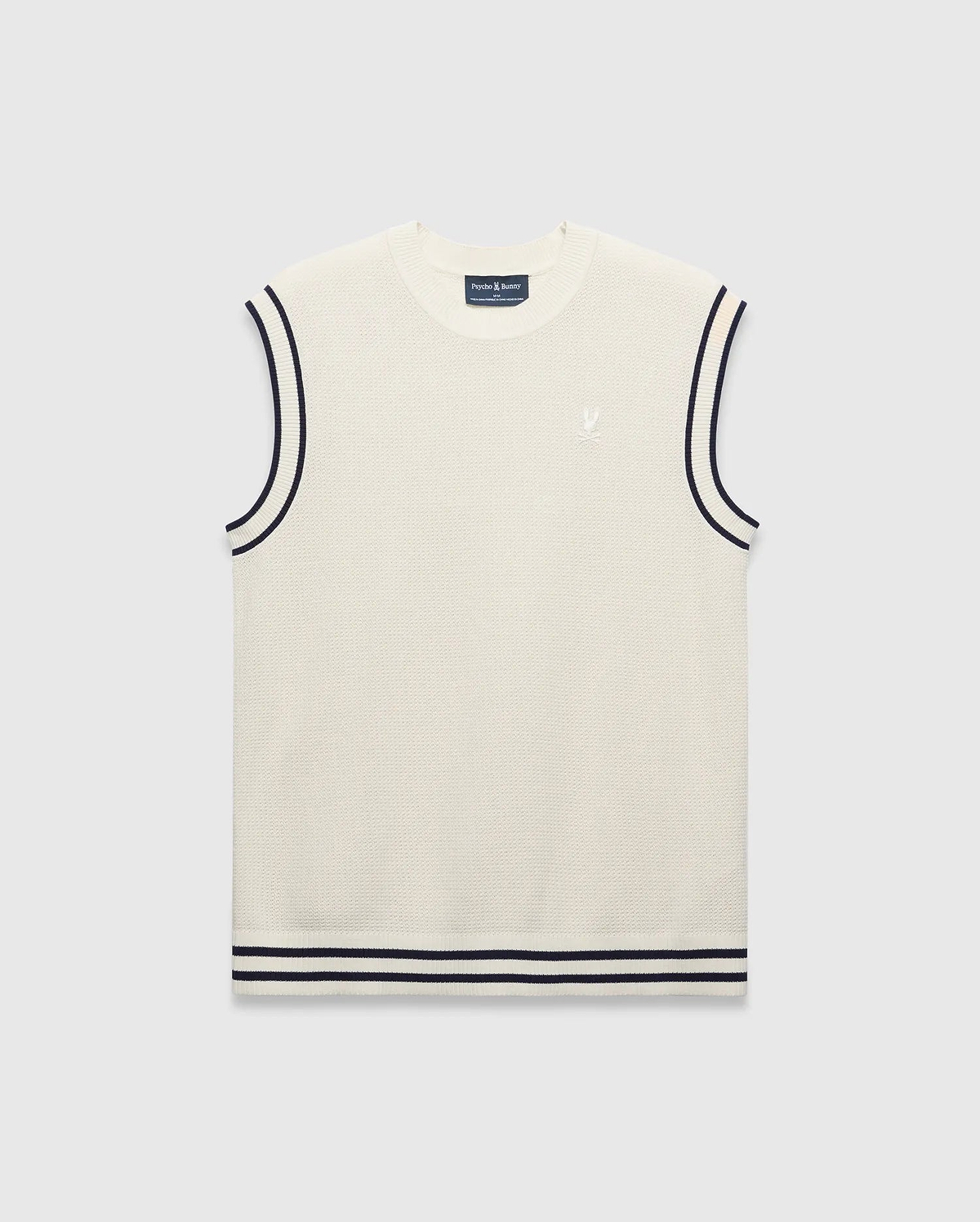 Cream Mens Peter Knit Vest with a fine knit texture, classic fit, navy striped trim on armholes and ribbed hem, featuring a small embroidered white Psycho Bunny skull logo on the left chest.