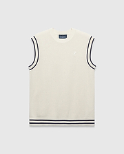 Cream Mens Peter Knit Vest with a fine knit texture, classic fit, navy striped trim on armholes and ribbed hem, featuring a small embroidered white Psycho Bunny skull logo on the left chest.