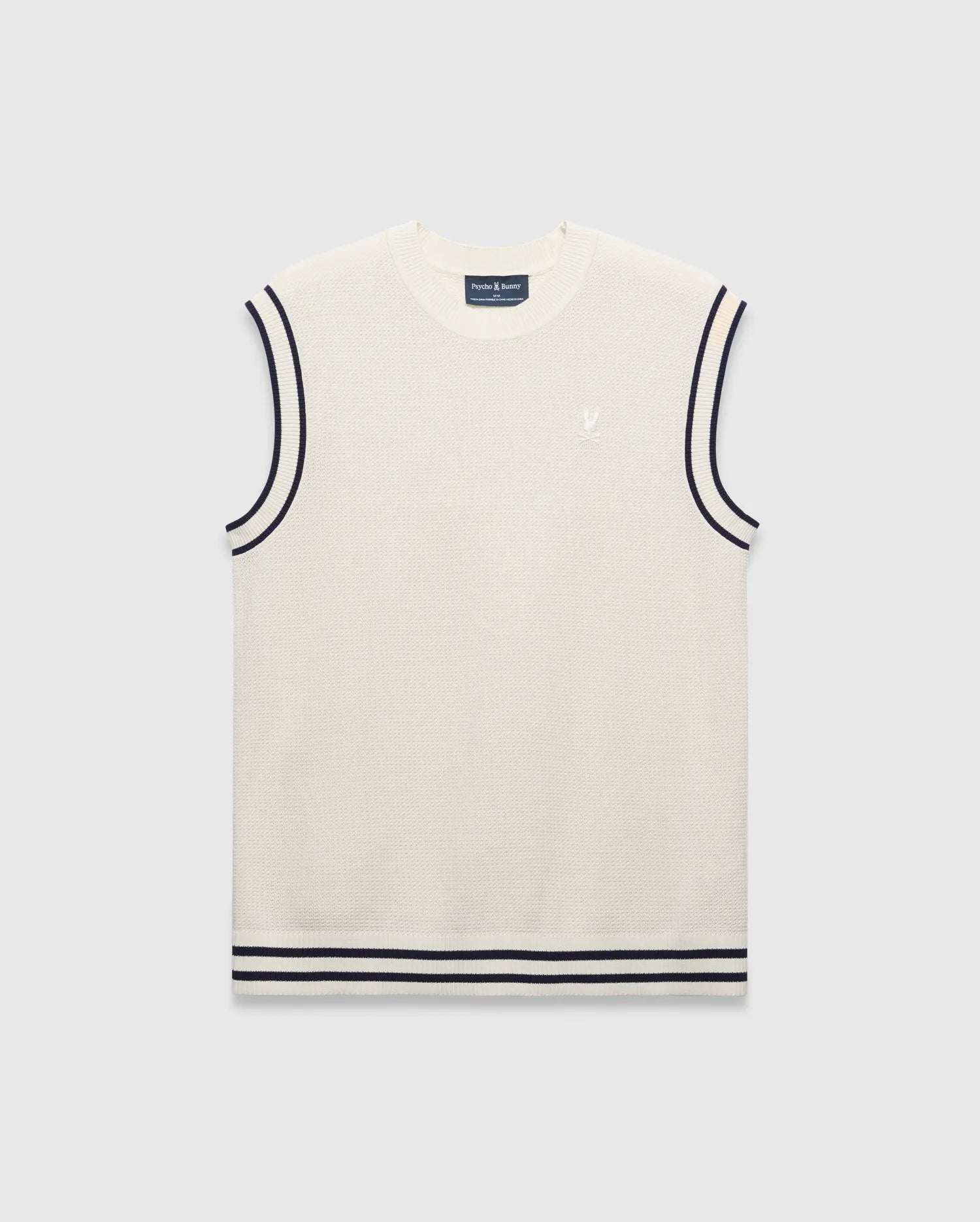 Cream Mens Peter Knit Vest with a fine knit texture, classic fit, navy striped trim on armholes and ribbed hem, featuring a small embroidered white Psycho Bunny skull logo on the left chest.