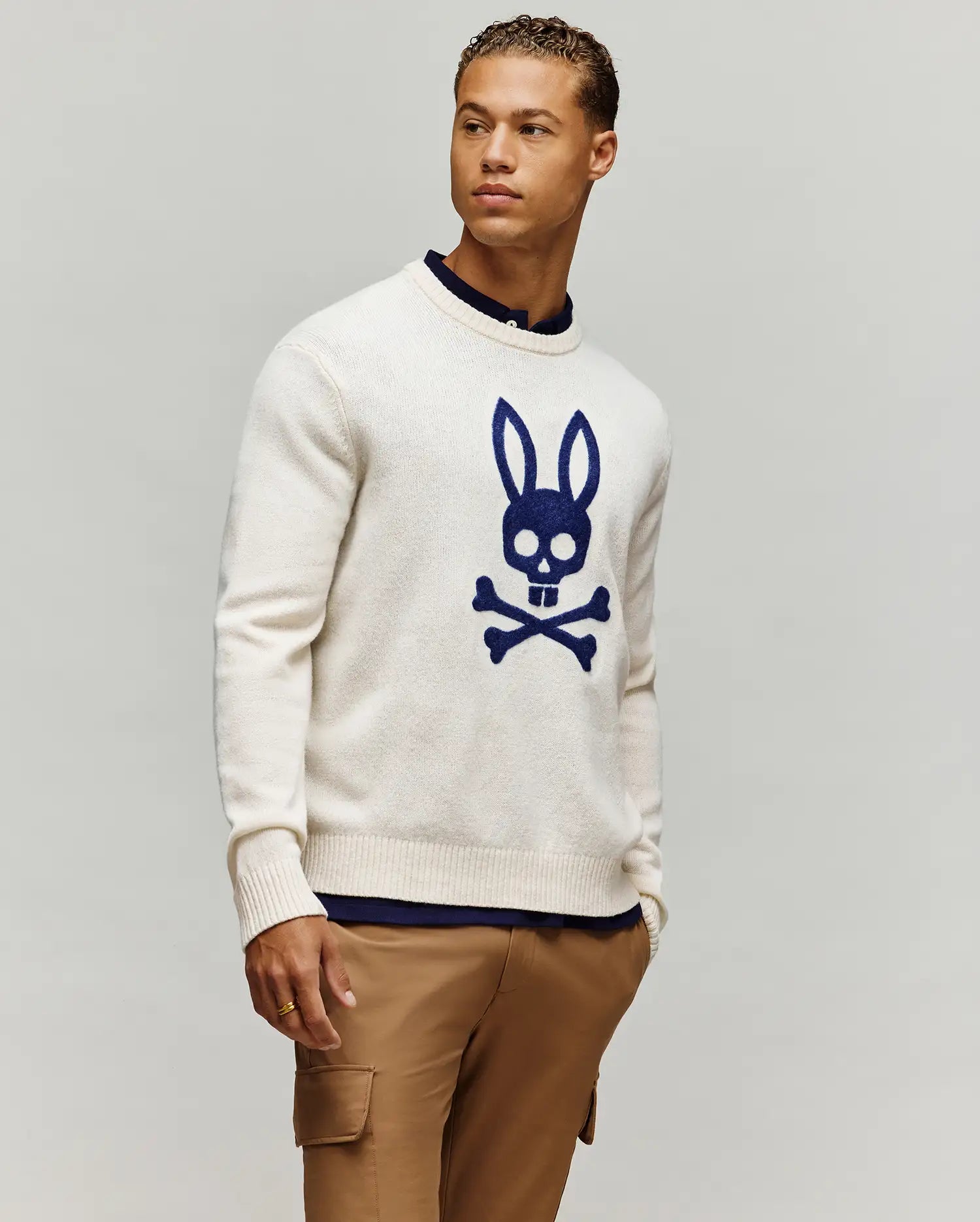 Men's Saxon Cozy Yarn Crew in Beige | Psycho Bunny