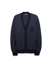 Mens Atkinson Cardigan, a navy blue waffle knit with dark navy ribbed V-neck, cuffs, and hem. Features a button-front, two patch pockets, and a prominent embroidered Psycho Bunny skull logo on the left chest.