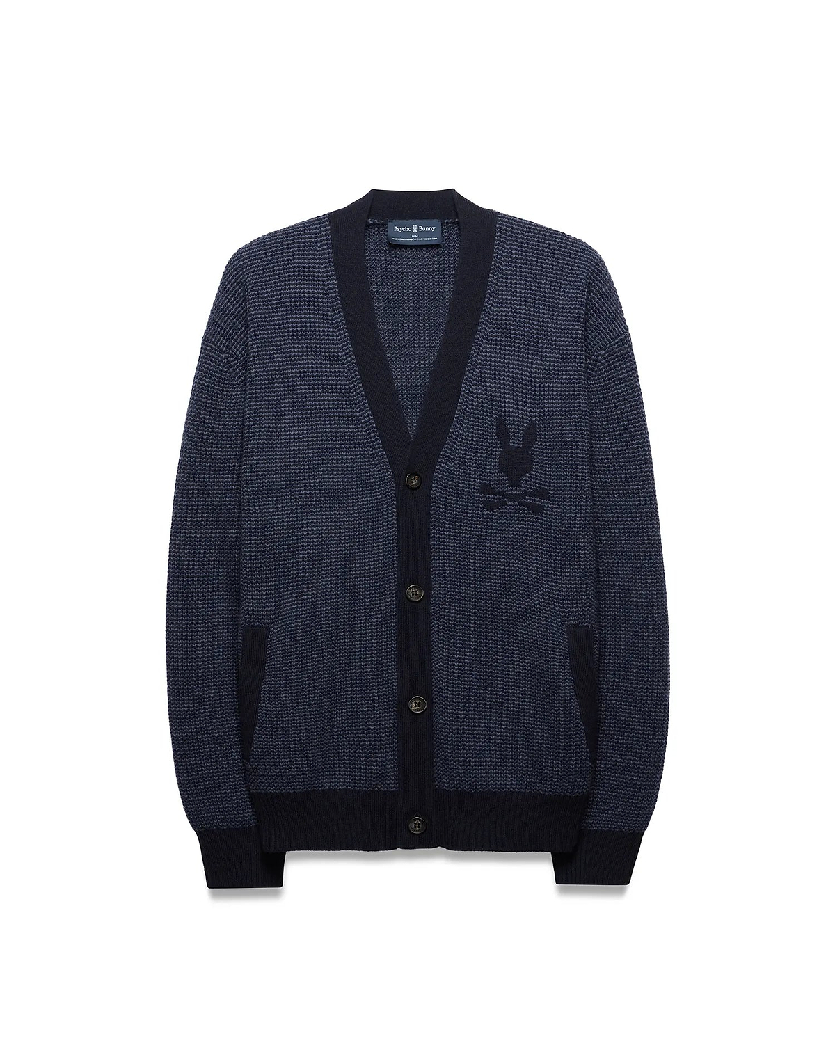 Mens Atkinson Cardigan, a navy blue waffle knit with dark navy ribbed V-neck, cuffs, and hem. Features a button-front, two patch pockets, and a prominent embroidered Psycho Bunny skull logo on the left chest.