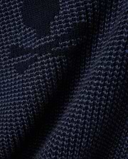 Mens Atkinson Cardigan, a dark navy blue chunky knit cardigan featuring a subtle, textured geometric pattern in lighter blue, crafted from a soft, premium knit fabric.
