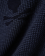Mens Atkinson Cardigan, a dark navy blue chunky knit cardigan featuring a subtle, textured geometric pattern in lighter blue, crafted from a soft, premium knit fabric.