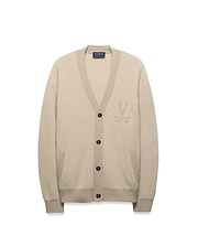 Mens Atkinson Cardigan in beige waffle knit, relaxed fit, with V-neck, dark buttons, front patch pockets, and a tone-on-tone embroidered Psycho Bunny skull logo on the left chest.