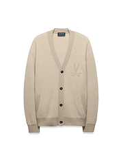 Mens Atkinson Cardigan in beige waffle knit, relaxed fit, with V-neck, dark buttons, front patch pockets, and a tone-on-tone embroidered Psycho Bunny skull logo on the left chest.