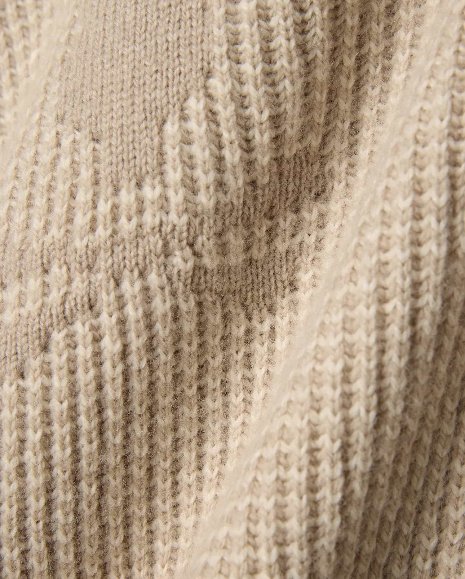 Psycho Bunny Mens Atkinson Cardigan, a luxurious beige knit featuring a subtle cream two-tone patterned texture and soft, visible knit stitches for refined streetwear style.