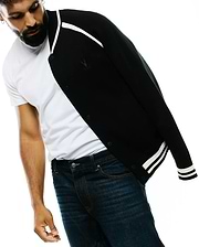 Black Mens Rafferty Cardigan, a classic knit cardigan with white varsity stripes on the collar and cuffs, featuring a small embroidered Psycho Bunny skull logo on the left chest and snap button closure.
