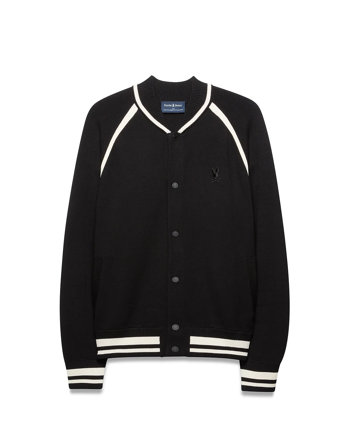 Mens Rafferty Cardigan: Black knit varsity cardigan with white stripe accents on ribbed collar, raglan sleeves, cuffs, and hem, featuring snap buttons and a small embroidered Psycho Bunny skull logo on the left chest.