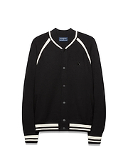 Mens Rafferty Cardigan: Black knit varsity cardigan with white stripe accents on ribbed collar, raglan sleeves, cuffs, and hem, featuring snap buttons and a small embroidered Psycho Bunny skull logo on the left chest.