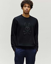 Mens Gabin Textured Crew, a black classic-fit sweatshirt featuring a large, textured Psycho Bunny skull and crossbones logo prominently on the central chest.