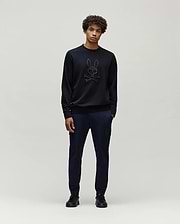 Mens Gabin Textured Crew black classic fit crewneck sweatshirt featuring a large, textured black Psycho Bunny skull and crossbones logo centrally on the chest.