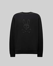 Black Mens Gabin Textured Crew sweatshirt in a soft jersey knit, classic fit, featuring a large, textured black Psycho Bunny skull and crossbones logo embroidered on the chest.