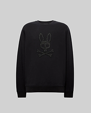 Black Mens Gabin Textured Crew sweatshirt in a soft jersey knit, classic fit, featuring a large, textured black Psycho Bunny skull and crossbones logo embroidered on the chest.