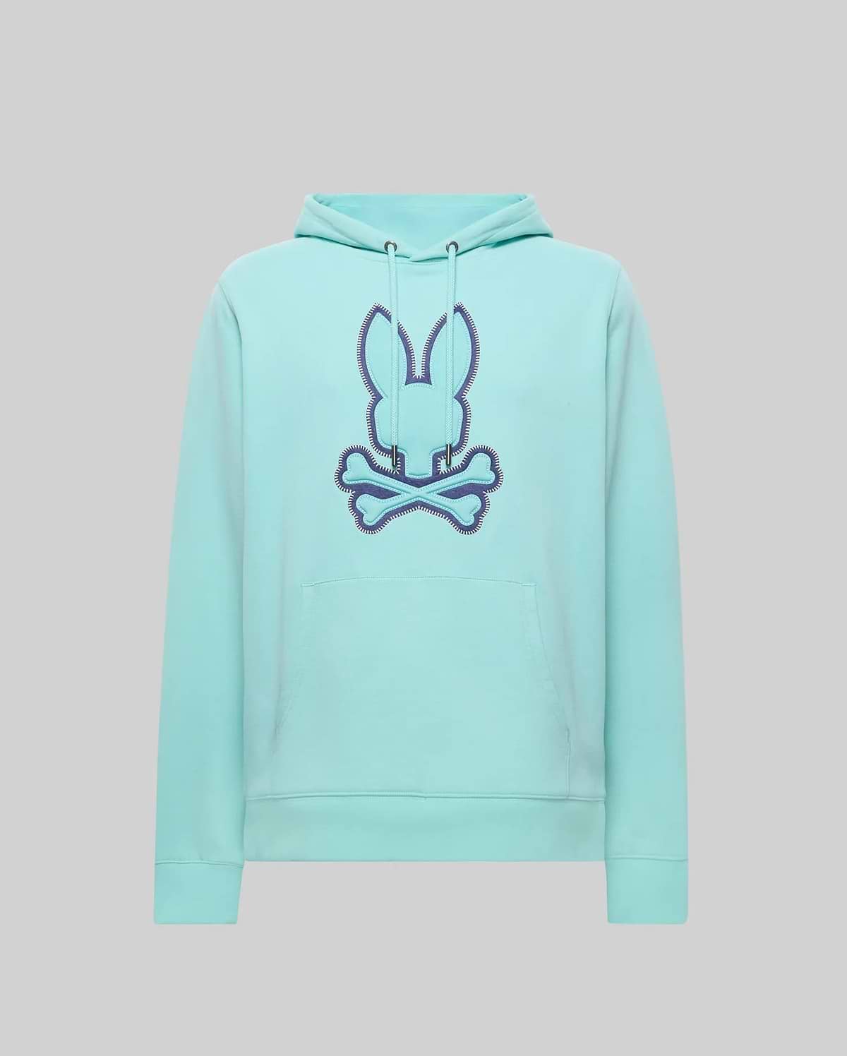 Mens Gage Patch Hoodie, a classic fit aqua hoodie featuring a large central embroidered Psycho Bunny skull logo with a deep blue zigzag stitch outline, a drawstring hood, and a front kangaroo pocket.