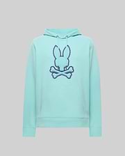 Mens Gage Patch Hoodie, a classic fit aqua hoodie featuring a large central embroidered Psycho Bunny skull logo with a deep blue zigzag stitch outline, a drawstring hood, and a front kangaroo pocket.