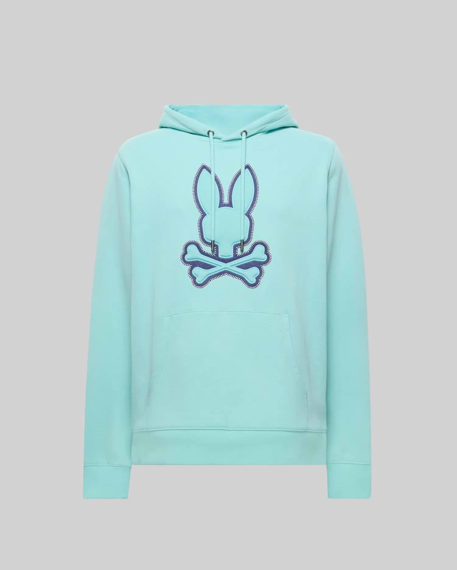 Mens Gage Patch Hoodie, a classic fit aqua hoodie featuring a large central embroidered Psycho Bunny skull logo with a deep blue zigzag stitch outline, a drawstring hood, and a front kangaroo pocket.