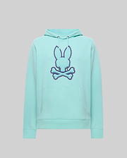 Mens Gage Patch Hoodie, a classic fit aqua hoodie featuring a large central embroidered Psycho Bunny skull logo with a deep blue zigzag stitch outline, a drawstring hood, and a front kangaroo pocket.