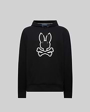 Black Mens Gage Patch Hoodie, relaxed fit, soft cotton blend. Large white embroidered Psycho Bunny skull and crossbones patch with zig-zag stitching on the center chest, plus a front kangaroo pocket.