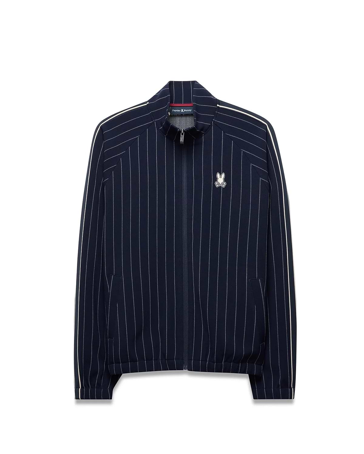 Mens Harland Double Weave Chalk Stripe Track Jacket, a navy full-zip track jacket with white pinstripes, white double stripe accents on sleeves, and an embroidered Psycho Bunny logo on the left chest. (6)