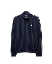 Mens Harland Double Weave Chalk Stripe Track Jacket, a navy full-zip track jacket with white pinstripes, white double stripe accents on sleeves, and an embroidered Psycho Bunny logo on the left chest. (6)