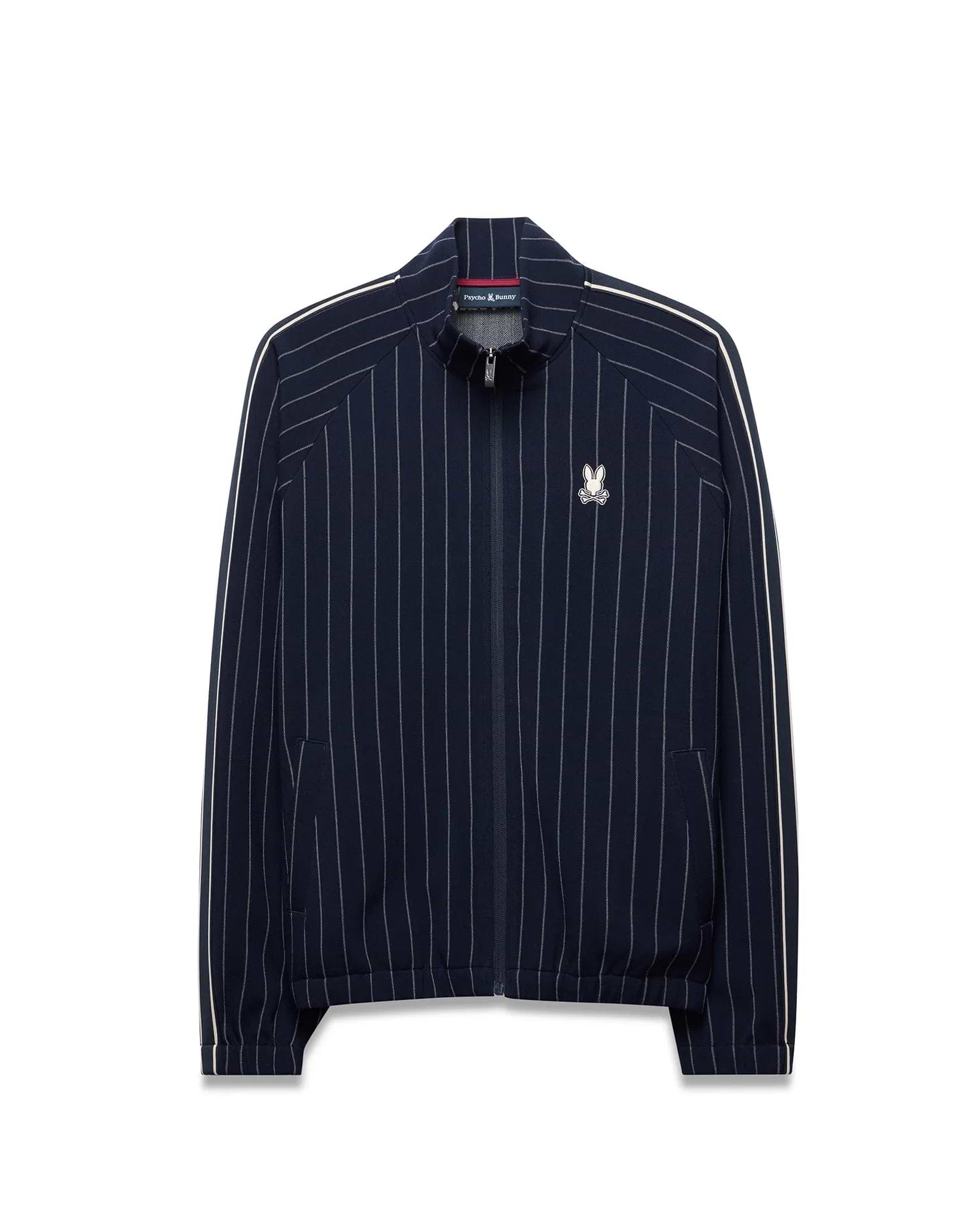 Mens Harland Double Weave Chalk Stripe Track Jacket, a navy full-zip track jacket with white pinstripes, white double stripe accents on sleeves, and an embroidered Psycho Bunny logo on the left chest. (6)