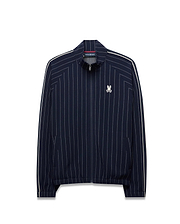 Mens Harland Double Weave Chalk Stripe Track Jacket, a navy full-zip track jacket with white pinstripes, white double stripe accents on sleeves, and an embroidered Psycho Bunny logo on the left chest. (6)