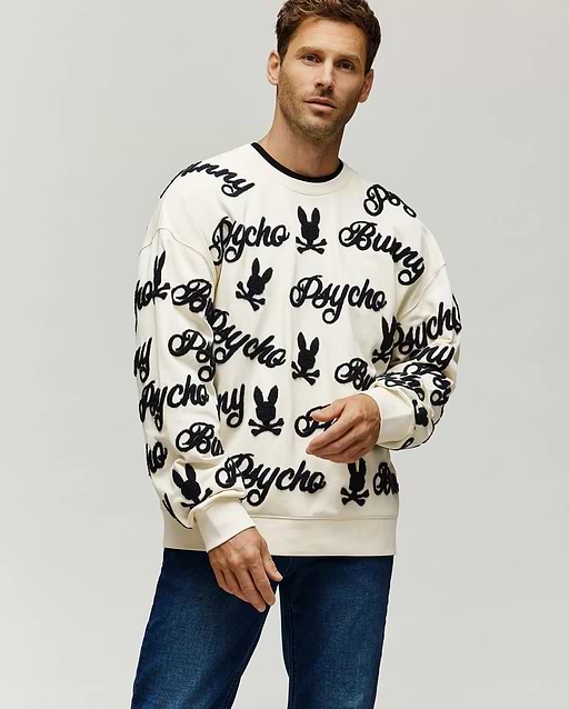 Men's Skylar All Over Fuzzy Crew in White | Psycho Bunny