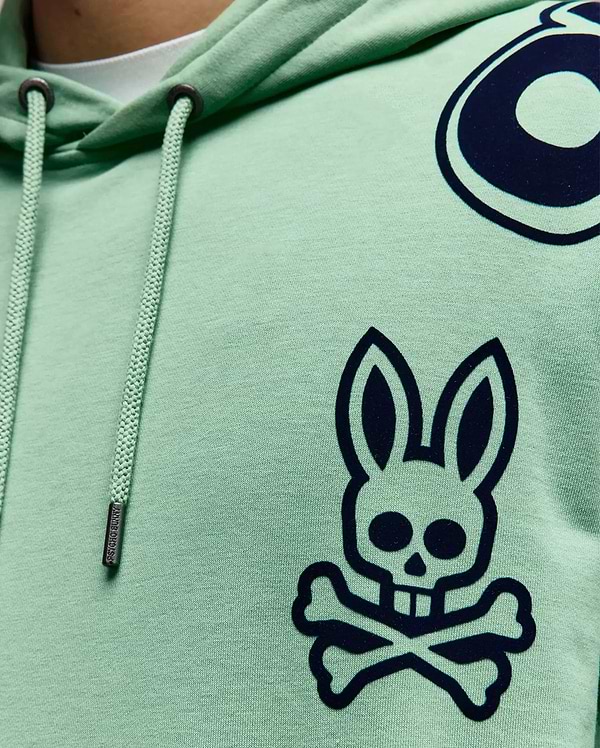Mens Toby Oversized Hoodie in mint green jersey, featuring a large navy Psycho Bunny skull logo on the chest, partial circular graphic, and branded drawstrings with metal tips.