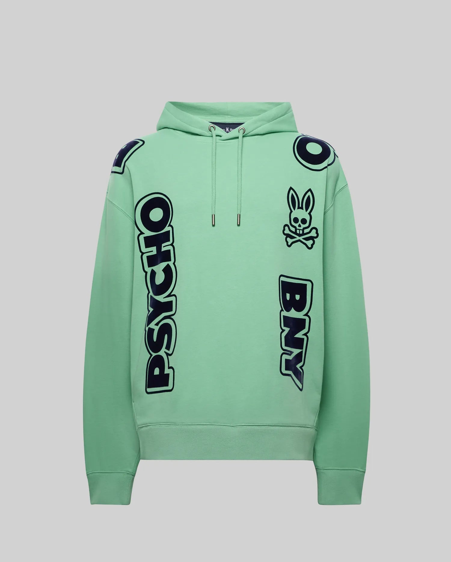 Mens Toby Oversized Hoodie in mint green French terry, featuring bold navy vertical PSYCHO text on the left, BNY text on the right, and a large bunny skull logo on the chest.