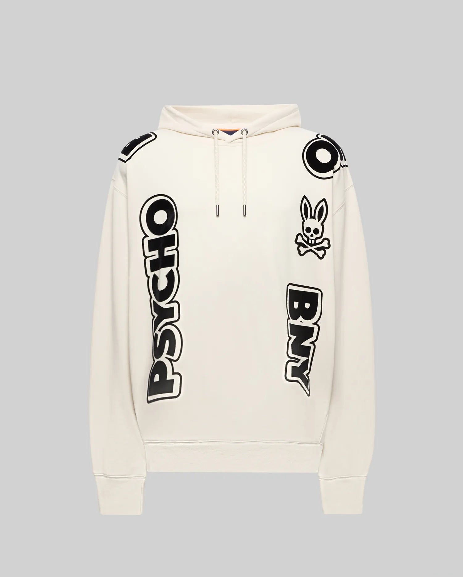 Mens Toby Oversized Hoodie in cream, crafted from soft jersey, featuring bold black PSYCHO and BNY block letter graphics, a large O on the shoulder, and the iconic Psycho Bunny skull logo on the chest.