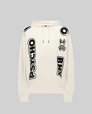 Mens Toby Oversized Hoodie in cream, crafted from soft jersey, featuring bold black PSYCHO and BNY block letter graphics, a large O on the shoulder, and the iconic Psycho Bunny skull logo on the chest.