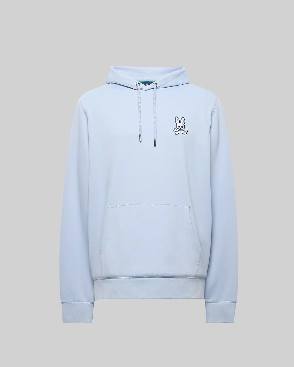 Mens Timothy 4k Bunny Hoodie, light blue classic fit hoodie in soft jersey fabric, featuring a small embroidered navy and white Psycho Bunny skull logo on the left chest, drawstring hood, and kangaroo pocket.