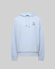 Mens Timothy 4k Bunny Hoodie, light blue classic fit hoodie in soft jersey fabric, featuring a small embroidered navy and white Psycho Bunny skull logo on the left chest, drawstring hood, and kangaroo pocket.