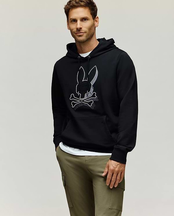 Men's Zal 3d Studded Bunny Hoodie in Black | Psycho Bunny Men's Zal 3d Studded Bunny Hoodie in Black | Psycho Bunny