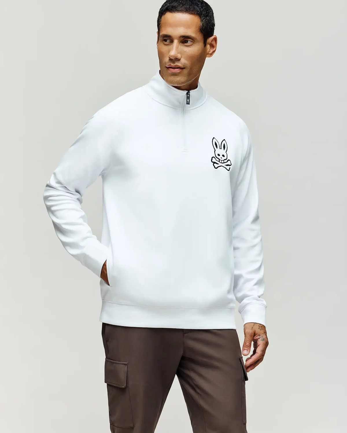 Men's Tate 1/4 Zip Chenille Embroidered Pullover in White | Psycho