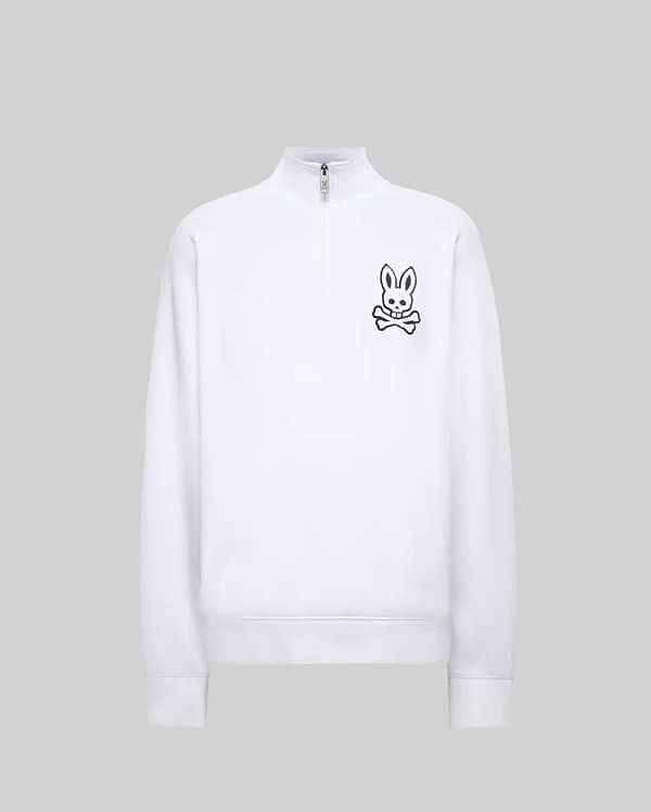 Men's Tate 1/4 Zip Chenille Embroidered Pullover in White | Psycho Men's Tate 1/4 Zip Chenille Embroidered Pullover in White | Psycho