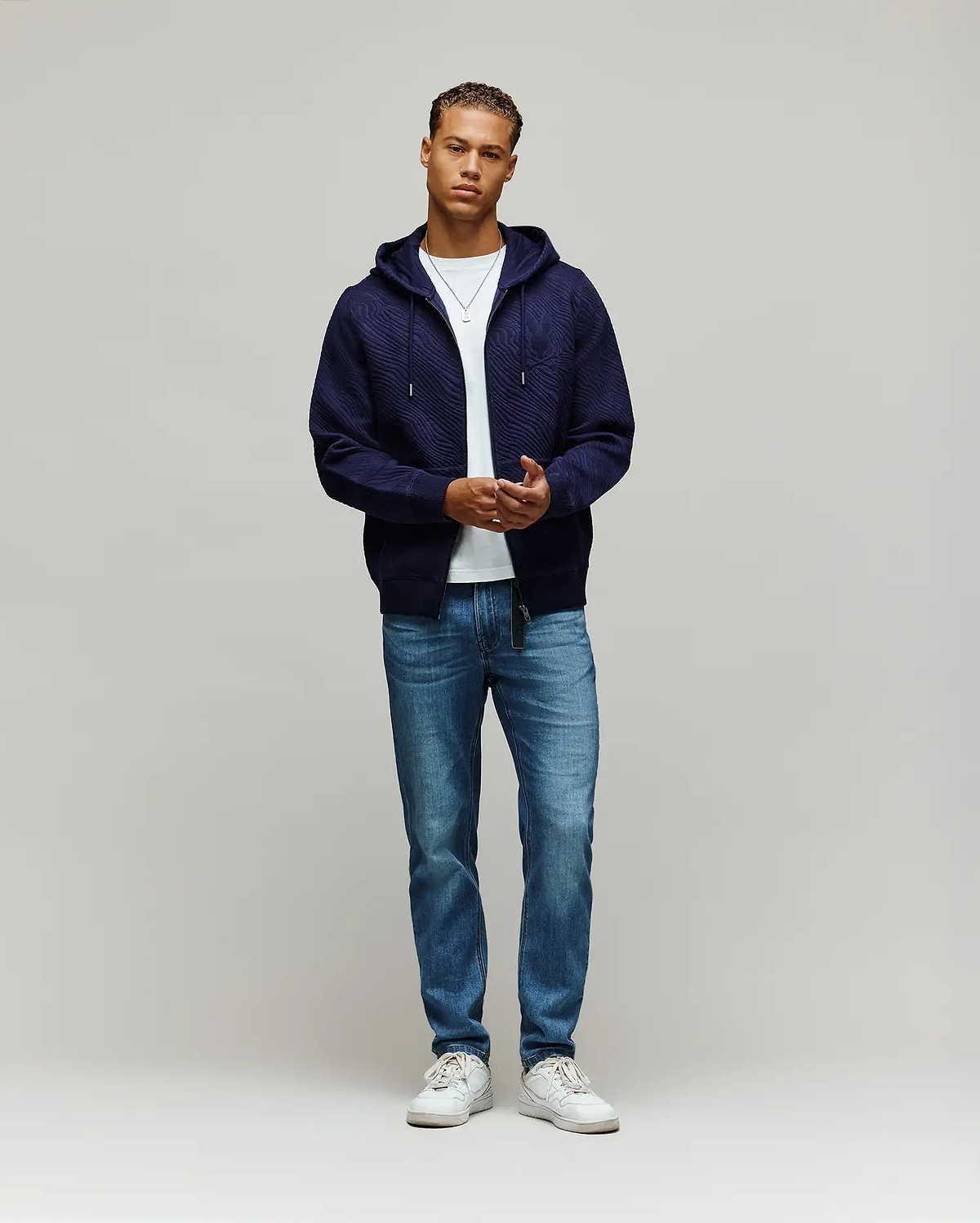 【新品】CE LOGO TAPE HOODIE RELAXED FIT ネイビー Men's Kendrick Double Knit Jacquard Zip Textured Hoodie in Blue