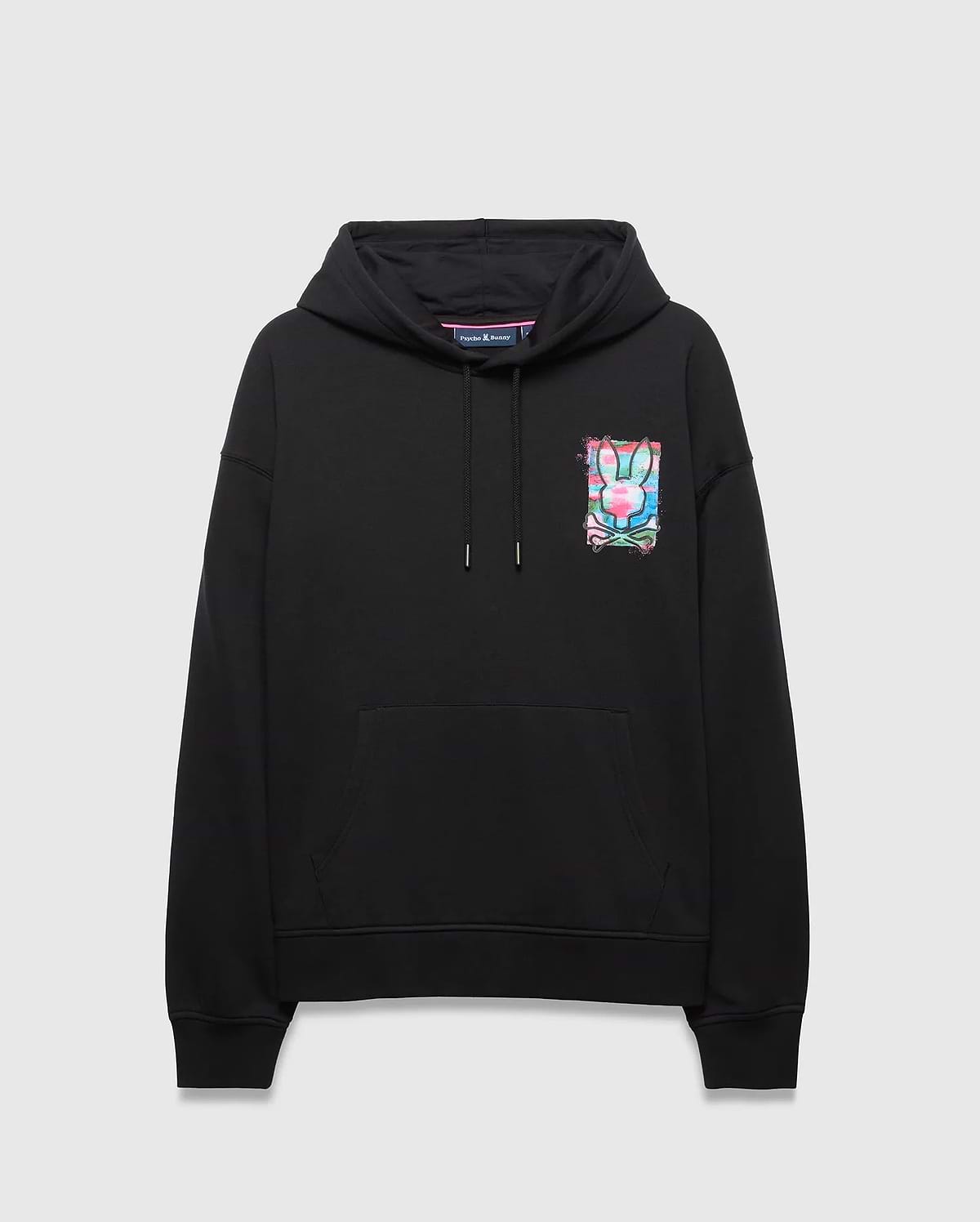 Black Mens Isaac Print Hoodie, relaxed fit French terry, with a multi-color abstract Psycho Bunny skull logo print on the left chest, hood, drawstring, and kangaroo pocket.