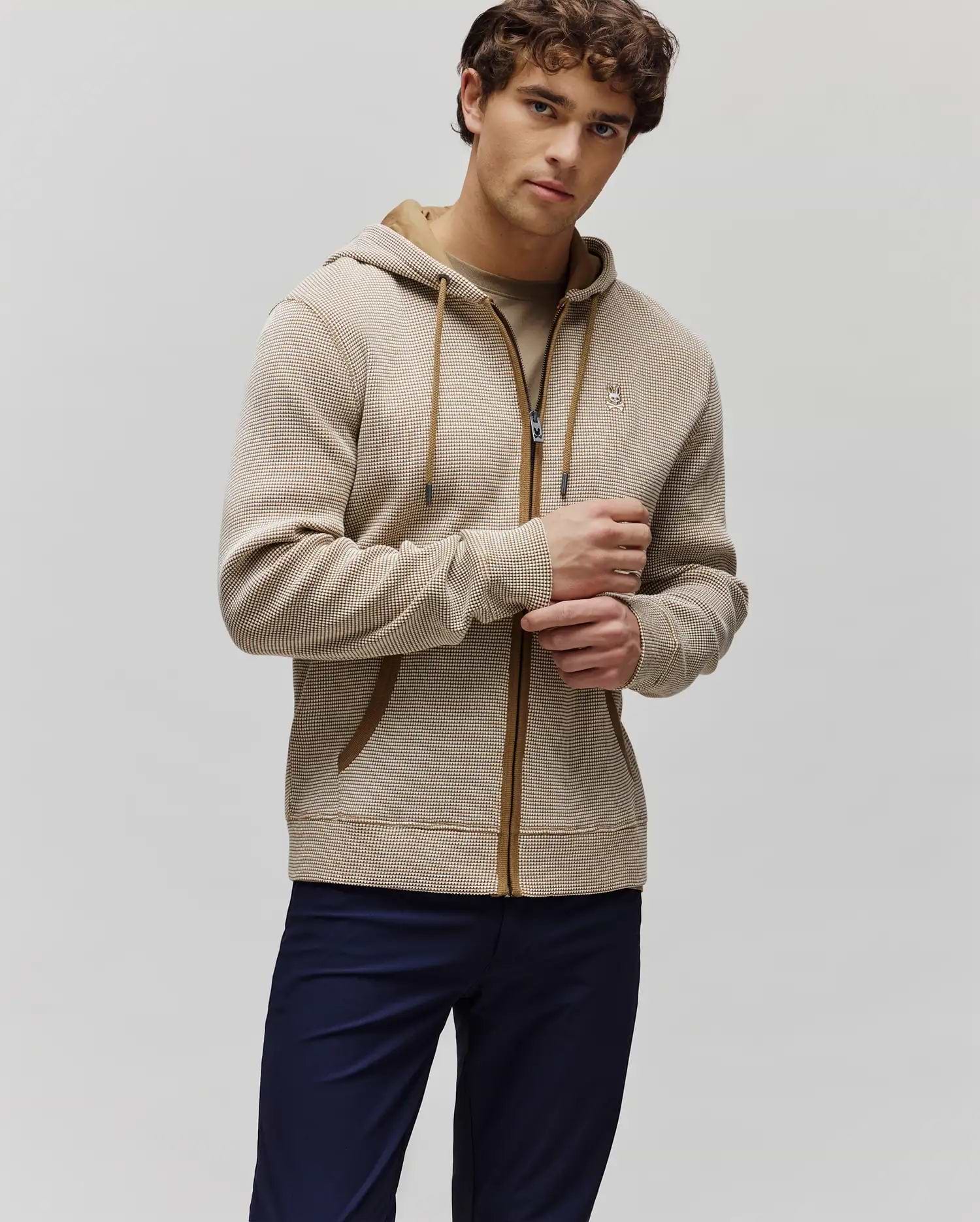Men's Maxton Waffle Full Zip Hoodie in White | Psycho Bunny