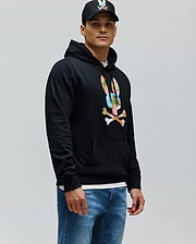Mens Ara Hoodie, a black classic fit French terry hoodie featuring a large, vibrant multi-color Psycho Bunny skull and crossbones logo on the chest, with a drawstring hood and kangaroo pocket.